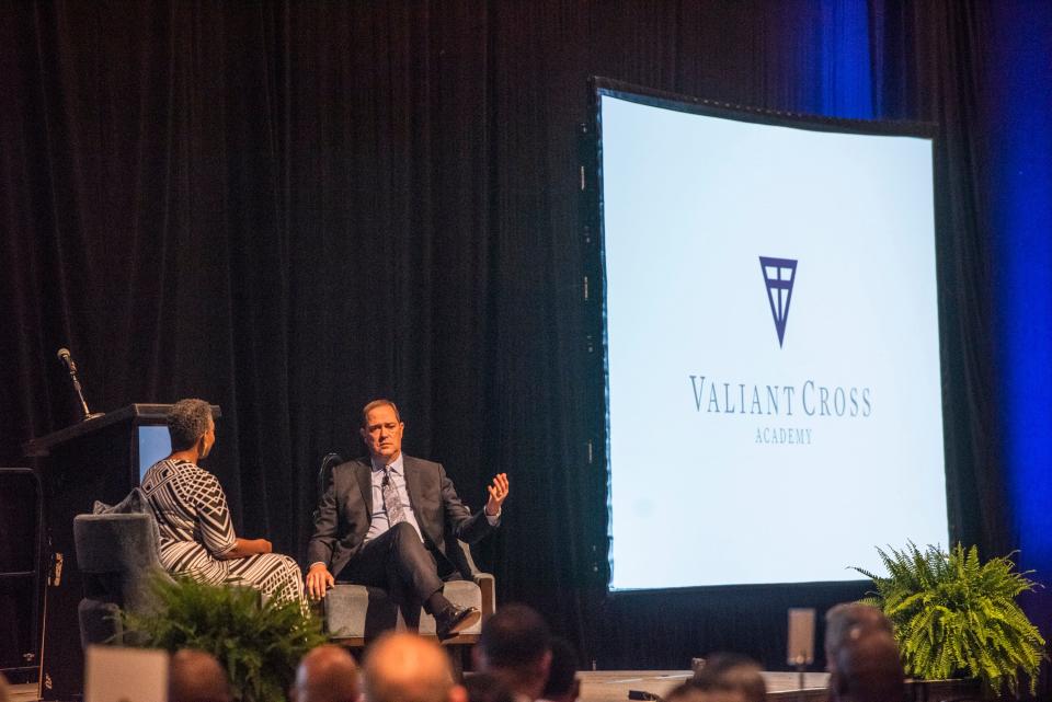 Tonya Terry interviews Chuck Robbins, CEO of Cisco, during the Valiant Cross Academy breakfast fundraiser at Renaissance Hotel in Montgomery, Ala., on Wednesday, April 27, 2022.