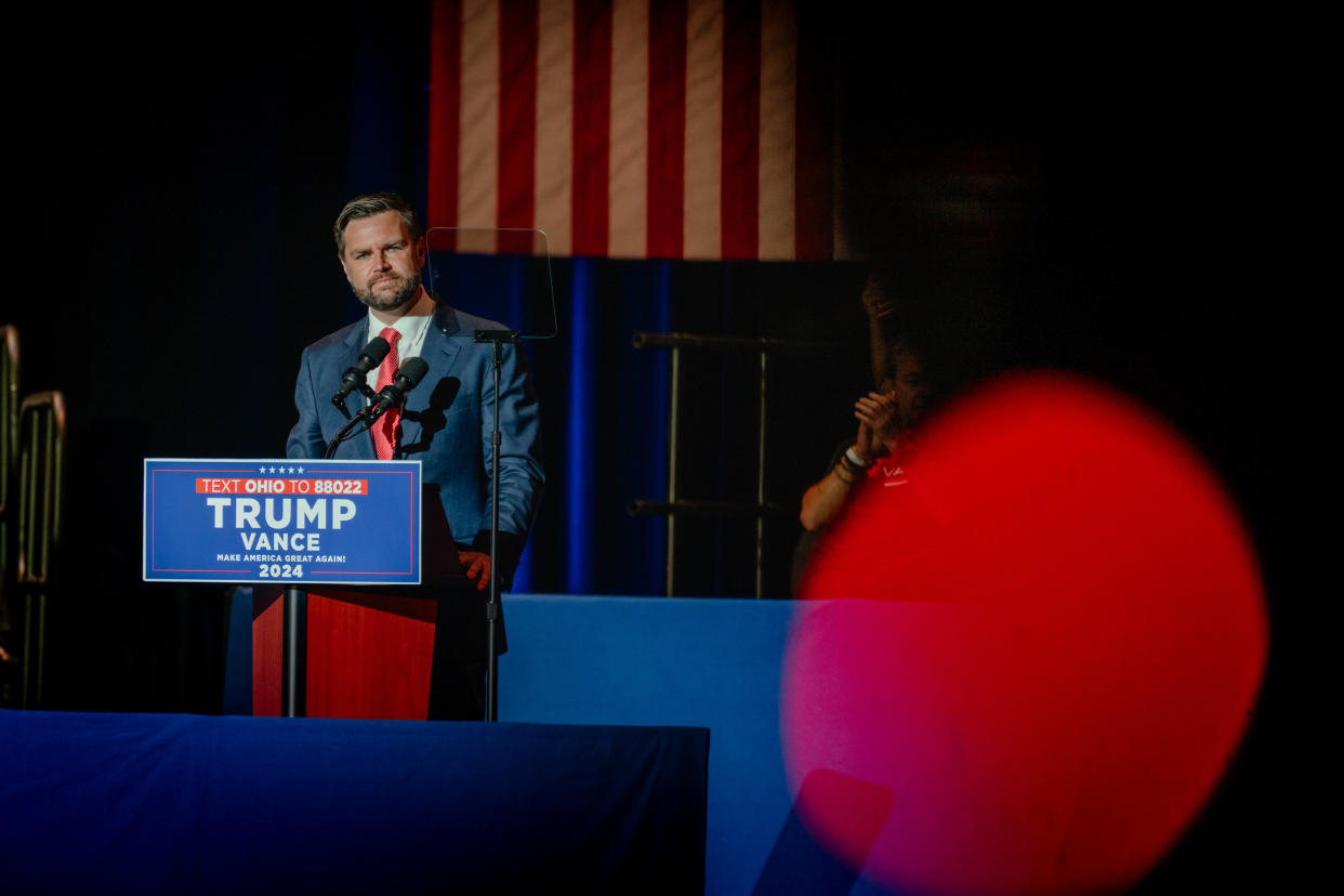 Sen. JD Vance (R-Ohio), former President Donald TrumpÕs running mate, speaks during a campaign stop at a high school in his hometown of Middletown, Ohio, July 22, 2024. (Jamie Kelter Davis/The New York Times)