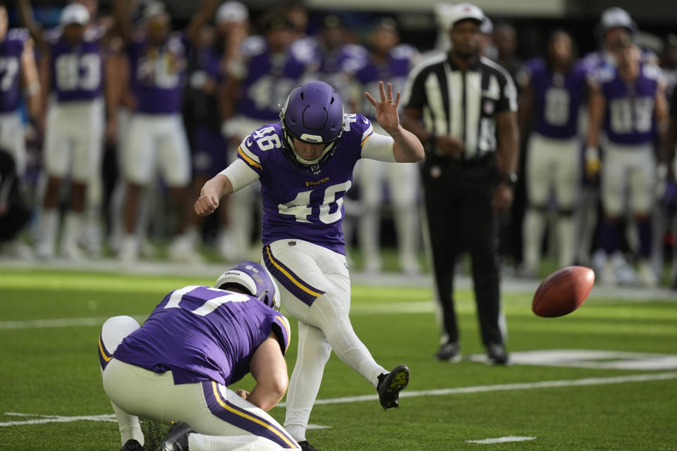 Minnesota Vikings kicker Will Reichard (46) kicks the game-winning field goal against the Las Vegas Raiders during the second half of an NFL football game Saturday, Aug. 10, 2024, in Minneapolis. (AP Photo/Charlie Neibergall)