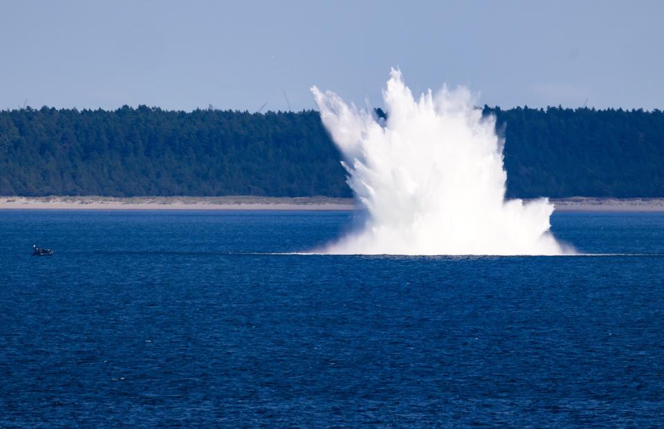 An underwater mine is detonated in a demonstration during the major maritime maneuver "Northern Coasts 23" in the Baltic Sea off the coast of Latvia.