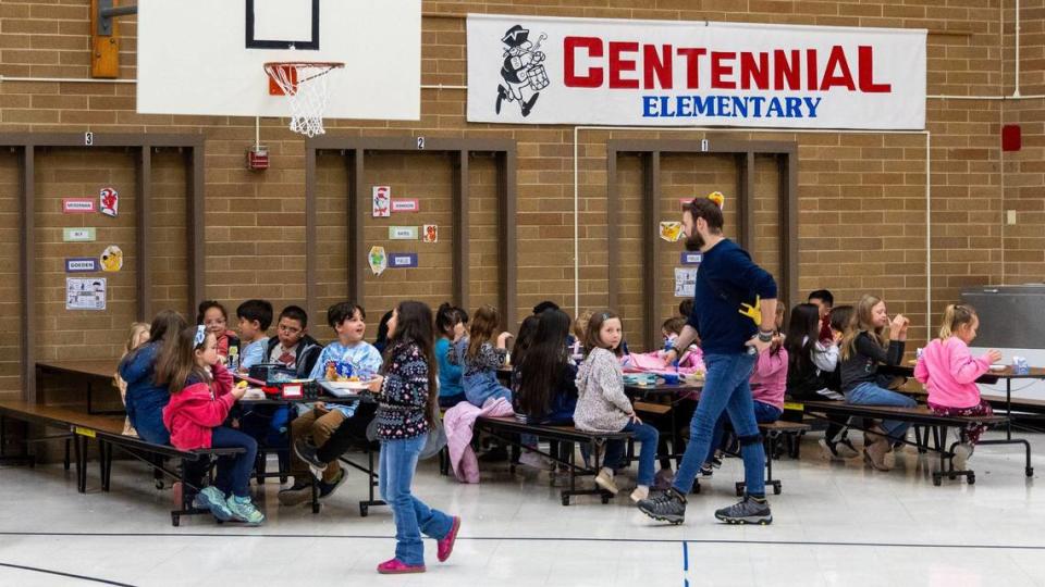 Students at Centennial Elementary in Nampa break for lunch in the school’s cafeteria. The aging school is one of four schools that will be shuttered or repurposed within the Nampa School District due to enrollment declines.