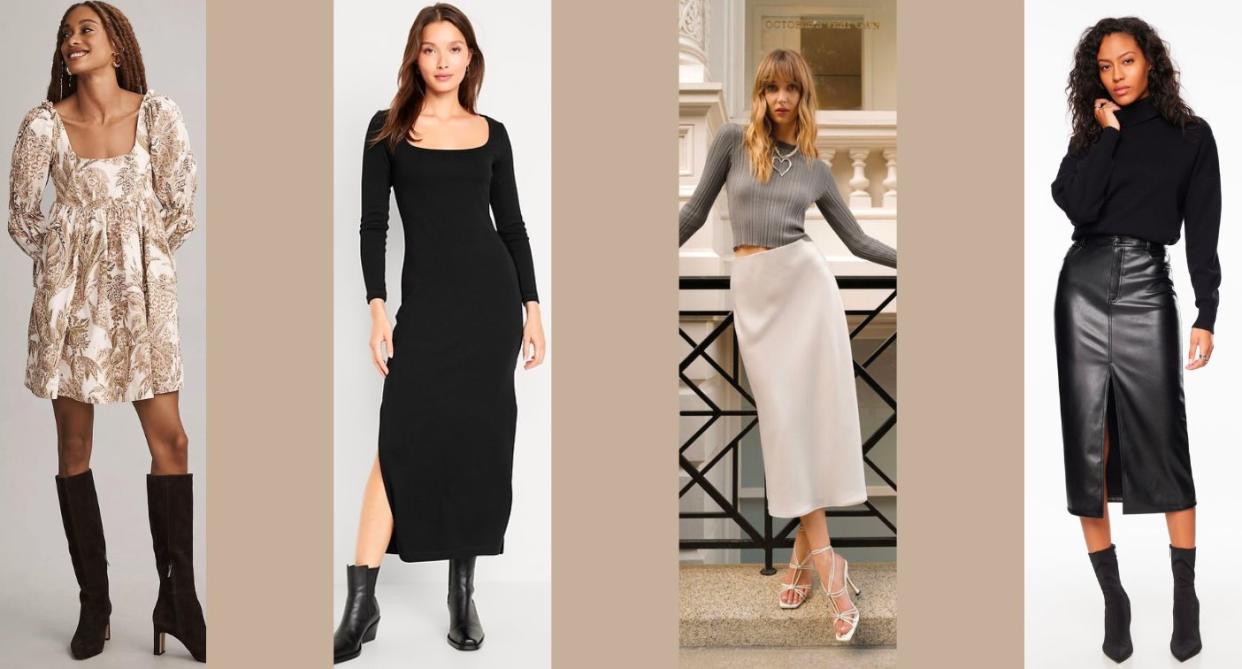 four people wearing different fall outfits including dresses and skirts. summer to fall transitional clothing