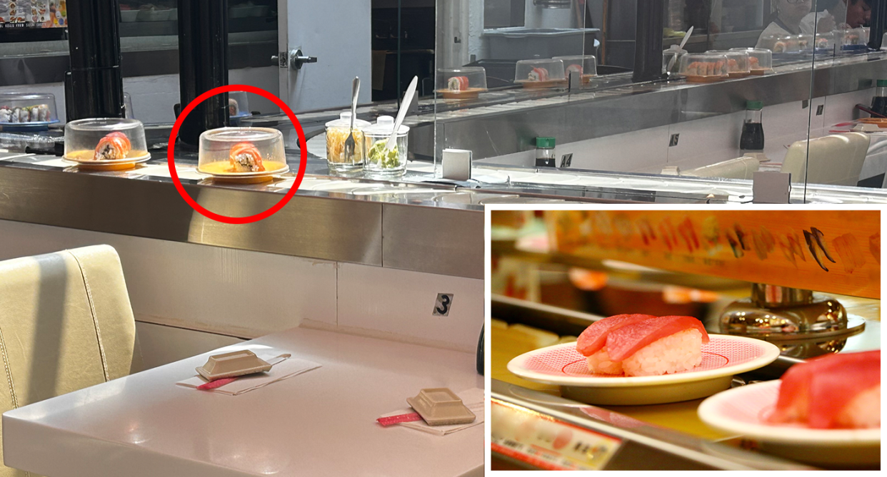Background - a sushi plate circled at train restaurant. Inset - tuna on rice sushi close up.