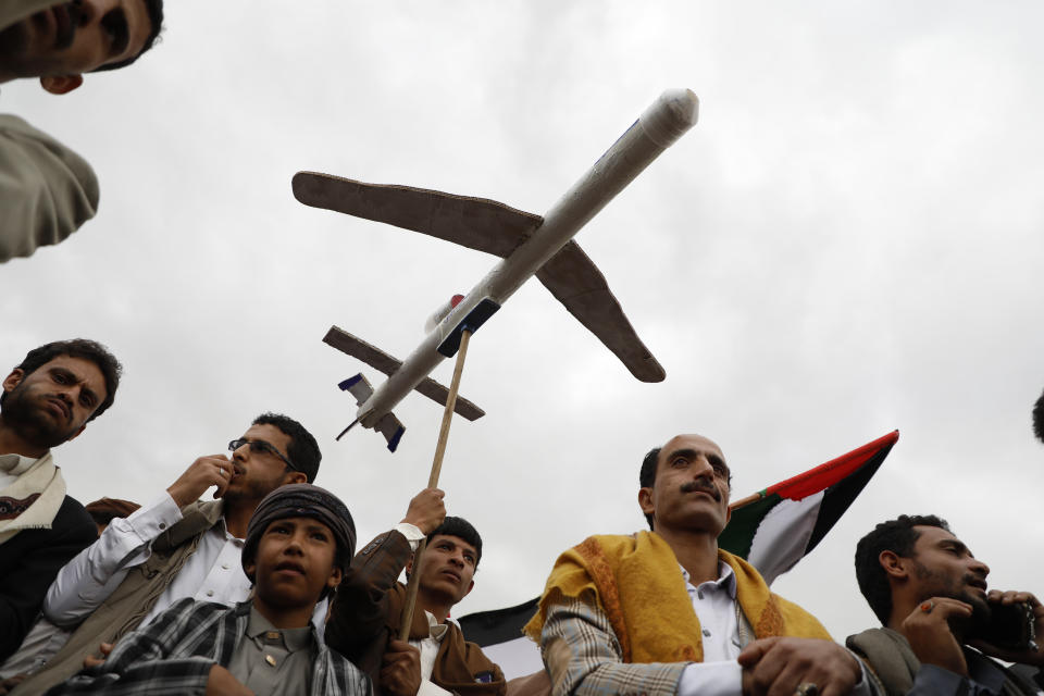 Houthi supporters attend a rally against the U.S.-led strikes against Yemen and in the support of Palestinians in the Gaza Strip, in Sanaa, Yemen, Friday, Feb. 16, 2024. (AP Photo/Osamah Abdulrahman)