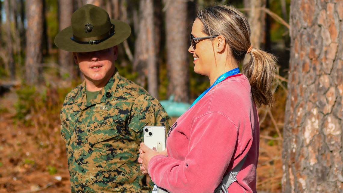 Holly Williams, right, mother of Trent, talks with a drill instructor during her son’s training on the Day Movement Course on Thursday, Dec. 14, 2023, at Marine Recruit Depot Parris Island. Trent spent the day training as a Marine as part of the Make-A-Wish Foundation. Trent has hypoplastic left heart syndrome, a rare congenital birth defect that affects normal blood flow through his heart.