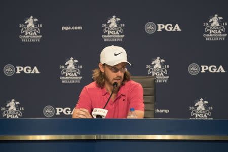 August 8, 2018; St. Louis, MO, USA; Tommy Fleetwood addresses the media in a press conference during the Wednesday practice round of the PGA Championship golf tournament at Bellerive Country Club. Mandatory Credit: Kyle Terada-USA TODAY Sports