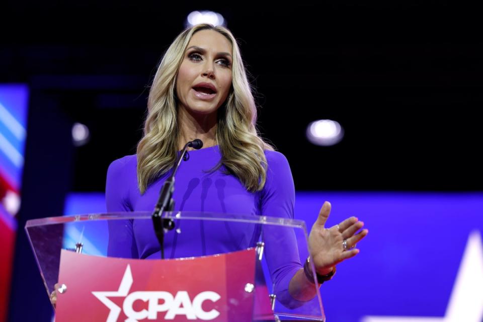 Lara Trump speaks during the annual Conservative Political Action Conference in March. Ms Trump has dabbled in her own bit of music, releasing a single a few weeks ago (Getty Images)