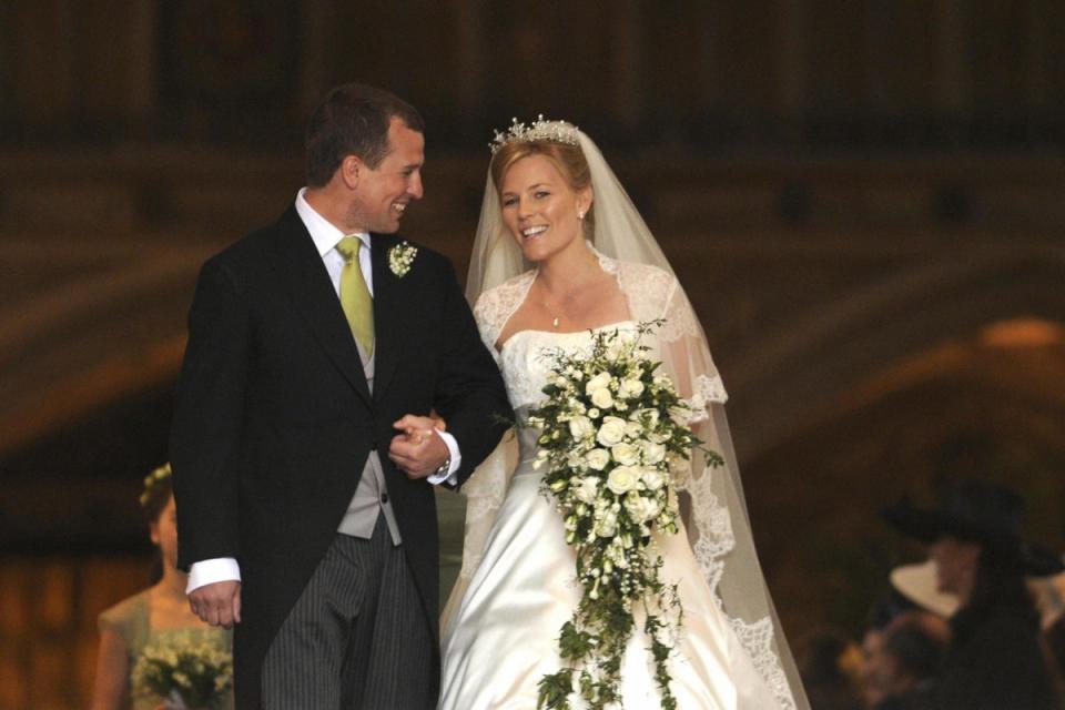 Peter Phillips and his bride, Autumn, leave St George's Chapel in Windsor on their wedding day in 2008 (Ian McIlgorm/AFP via Getty Images)