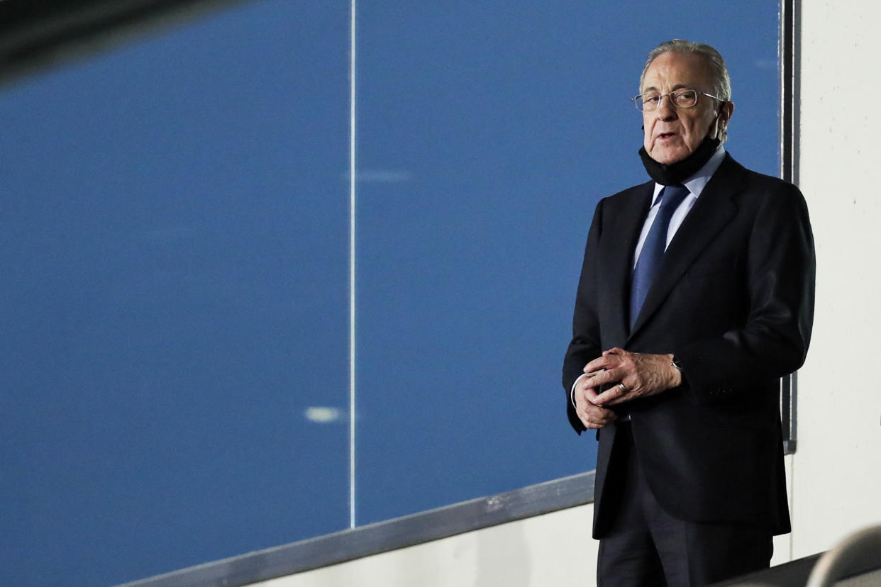 MADRID, SPAIN - APRIL 6: President Florentino Perez of Real Madrid during the UEFA Champions League  match between Real Madrid v Liverpool at the Estadio Alfredo Di Stefano on April 6, 2021 in Madrid Spain (Photo by David S. Bustamante/Soccrates/Getty Images)