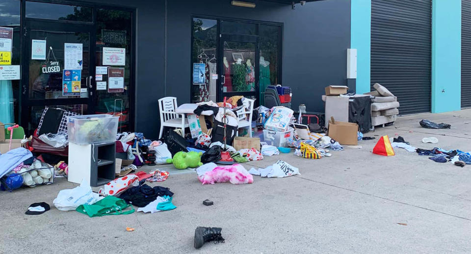 Various scattered items left outside the Smithfield Salvos store in Cairns. Source: Amber Johnstone