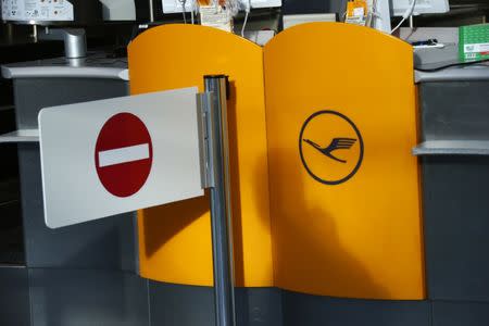 A closed check-in desk is seen during a pilots strike of German airline Lufthansa at Frankfurt airport, Germany, November 23, 2016. REUTERS/Ralph Orlowski