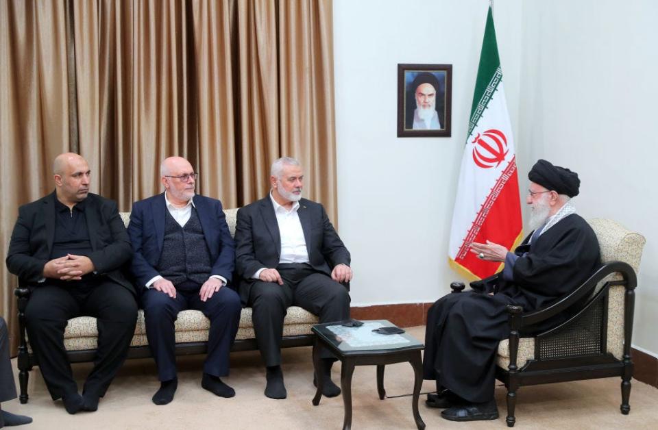 Iranian Supreme Leader Ali Khamenei (R) meets with Chairman of the Hamas Political Bureau, Ismail Haniyeh (3rd L) in Tehran, Iran on March 26, 2024.