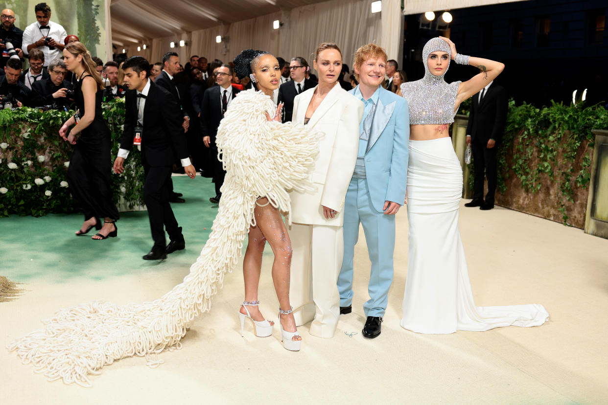 NEW YORK, NEW YORK - MAY 06: (L-R) FKA twigs, Stella McCartney, Ed Sheeran, and Cara Delevingne attend The 2024 Met Gala Celebrating "Sleeping Beauties: Reawakening Fashion" at The Metropolitan Museum of Art on May 06, 2024 in New York City. (Photo by Dimitrios Kambouris/Getty Images for The Met Museum/Vogue)