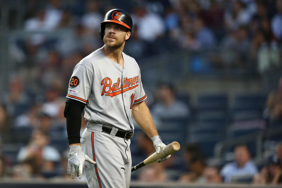 NEW YORK, NEW YORK - AUGUST 12:  Chris Davis #19 of the Baltimore Orioles reacts after striking out in third inning against the New York Yankees at Yankee Stadium on August 12, 2019 in New York City. (Photo by Mike Stobe/Getty Images)