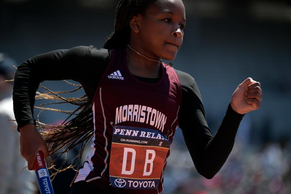 Morristown's Nia Freeman competes in a 4x400 relay Thursday, April 28, 2022 at the Penn Relays in Philadelphia, Pa. Morristown placed first in the event.