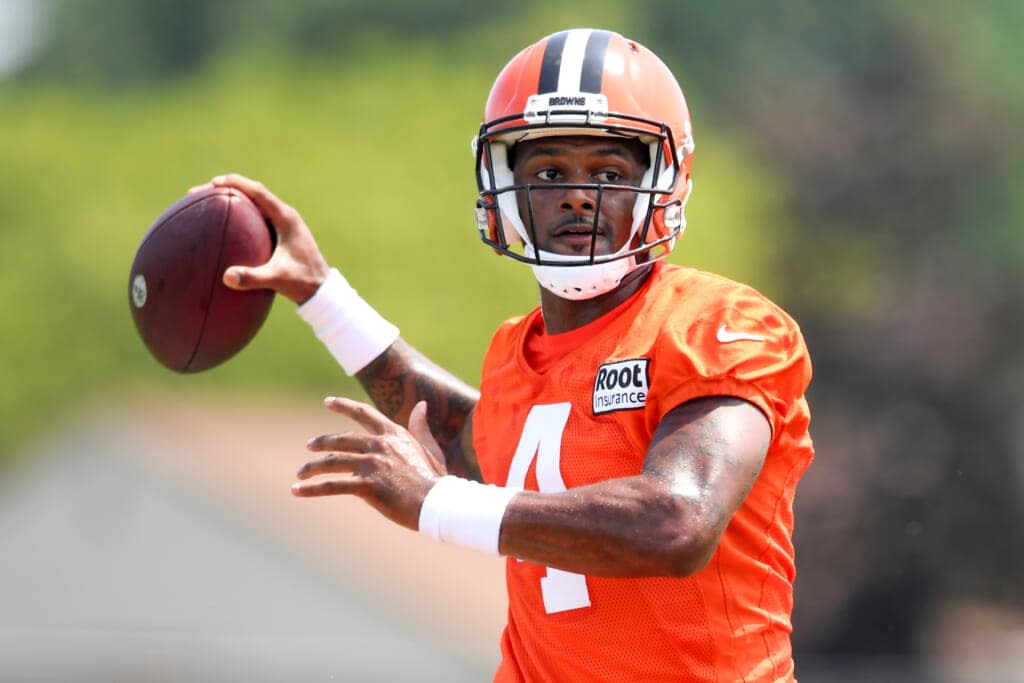 Cleveland Browns quarterback Deshaun Watson prepares to throw a pass during the NFL football team’s training camp, Monday, Aug. 1, 2022, in Berea, Ohio. (AP Photo/Nick Cammett)