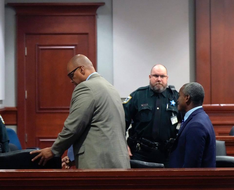 Troy Victorino and Jerone Hunter leave the court room after their sentencing trial is delayed, Thursday, April 27, 2023. 