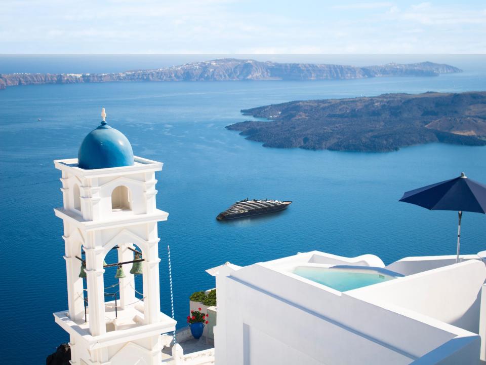 A rendering of the Ritz-Carlton Evrima as it sails by Santorini, Greece.