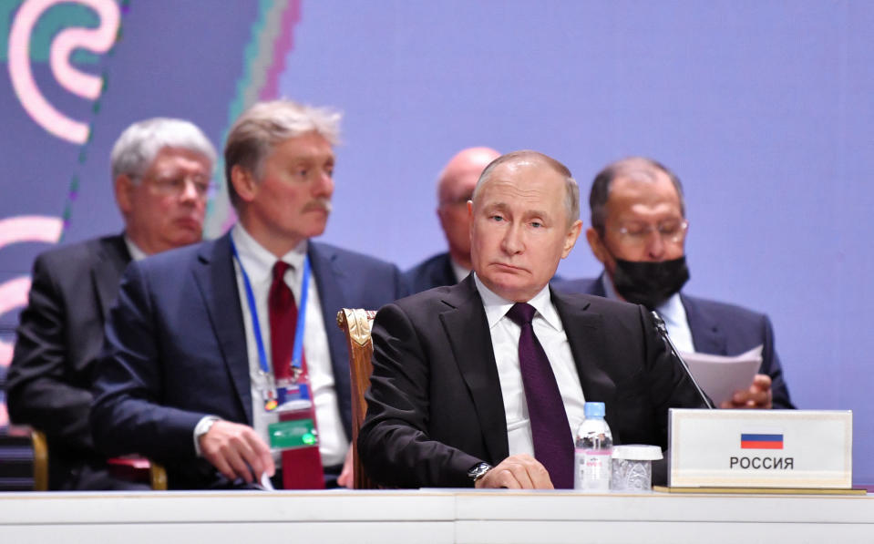 Russian President Vladimir Putin, Foreign Minister Sergei Lavrov, Kremlin spokesman Dmitry Peskov and other members of the delegation attend the summit of leaders of the Commonwealth of Independent States (CIS) in Astana, Kazakhstan October 14, 2022. REUTERS/Turar Kazangapov