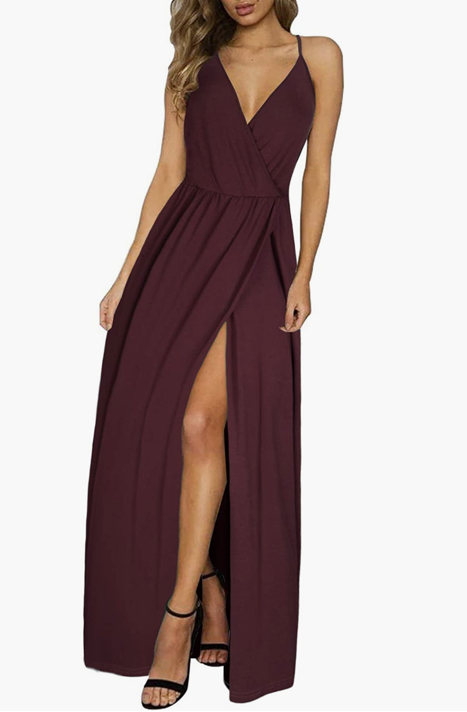 model showing off high slit in dress wearing II ININ V-Neck Backless Maxi Dress in dark red (Photo via Amazon)