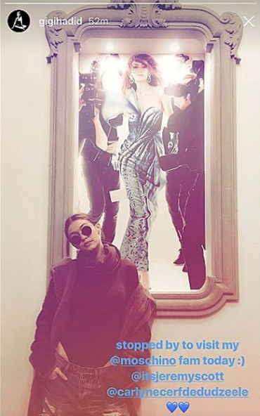 <p>Being a self poser runs in the family apparently. Here’s Bella’s big sis, Gigi, doing the deed during a visit to Moschino’s headquarters. We guess it’s a model thing — we wouldn’t understand. (Photo: <a rel="nofollow noopener" href="https://www.instagram.com/p/BQyw5LShUrh/?hl=en&taken-by=moschino" target="_blank" data-ylk="slk:Instagram" class="link ">Instagram</a>) </p>