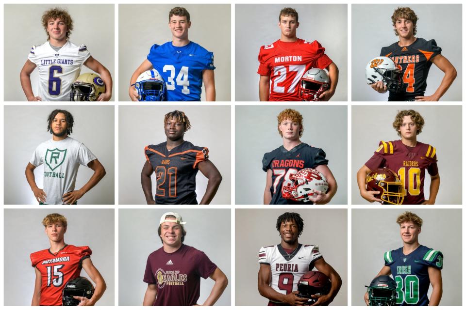 Top row, left to right: Korbin Woerly, Canton; Connor Pilgrim, Limestone; Noah Losey, Morton; and Brayson Barth, Washington. Middle row, left to right: Mason Hawkins, Richwoods; Namolos Thompson, Manual; Jace Hackman, Pekin; Andrew Kaufmann, East Peoria. Bottom row, left to right: Kendrick Schaffrin, Metamora; Gabe Munoz, Dunlap; Gary Rutherford, Peoria High; Philip Rupiper, Peoria Notre Dame.