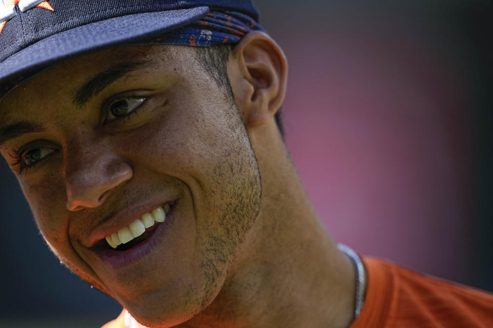 Houston Astros shortstop Jeremy Pena warms up ahead of Game 1 of the baseball World Series between the Houston Astros and the Philadelphia Phillies on Thursday, Oct. 27, 2022, in Houston. Game 1 of the series starts Friday. (AP Photo/David J. Phillip)