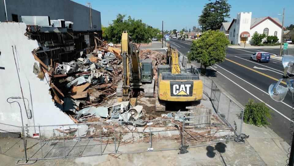 Del Rio Theater is partially demolished in Riverbank, Calif., Friday, June 2, 2023.