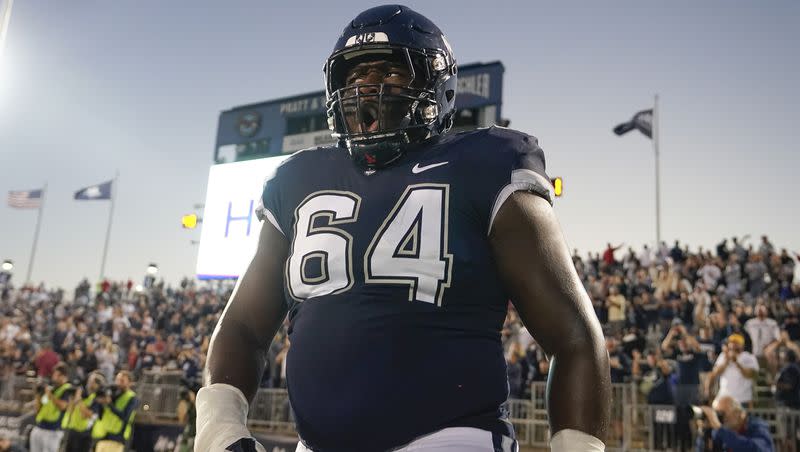 UConn offensive lineman Christian Haynes celebrates after a play during game against North Carolina State on Aug. 31, 2023. The 0-3 Huskies host the 1-3 Aggies Saturday.