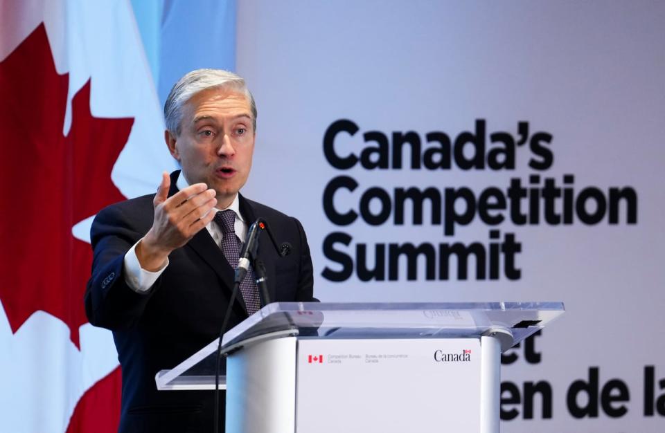 Innovation, Science and Industry Minister Francois-Philippe Champagne speaks at Canada's Competition Summit hosted by the Competition Bureau Canada in Ottawa on Thursday, Oct. 5, 2023. 