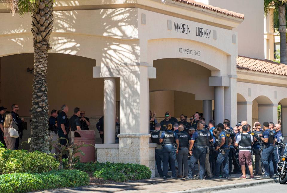 Police secure the area outside the Warren Library after a false report of an active shooter on campus at Palm Beach Atlantic University in West Palm Beach, Florida on May 2, 2023.