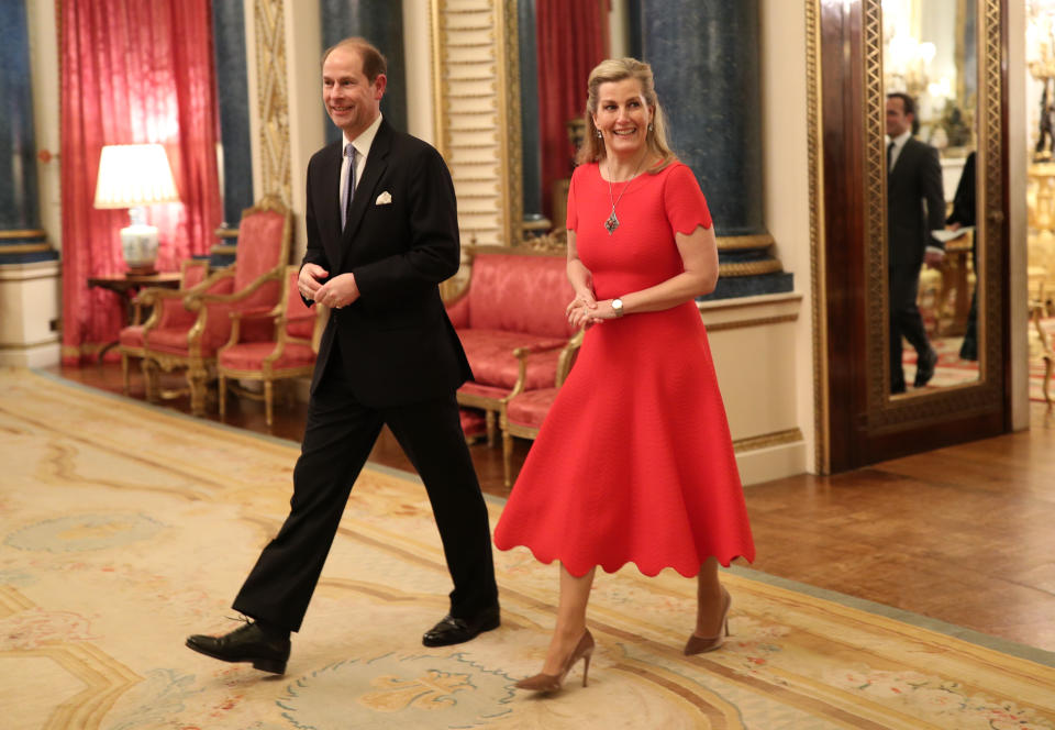  Prince Edward, Earl of Wessex and Sophie, Countess of Wessex arrive at a reception to mark the UK-Africa Investment Summit at Buckingham Palace on January 20, 2020 in London, England. (Photo by Yui Mok - WPA Pool/Getty Images)