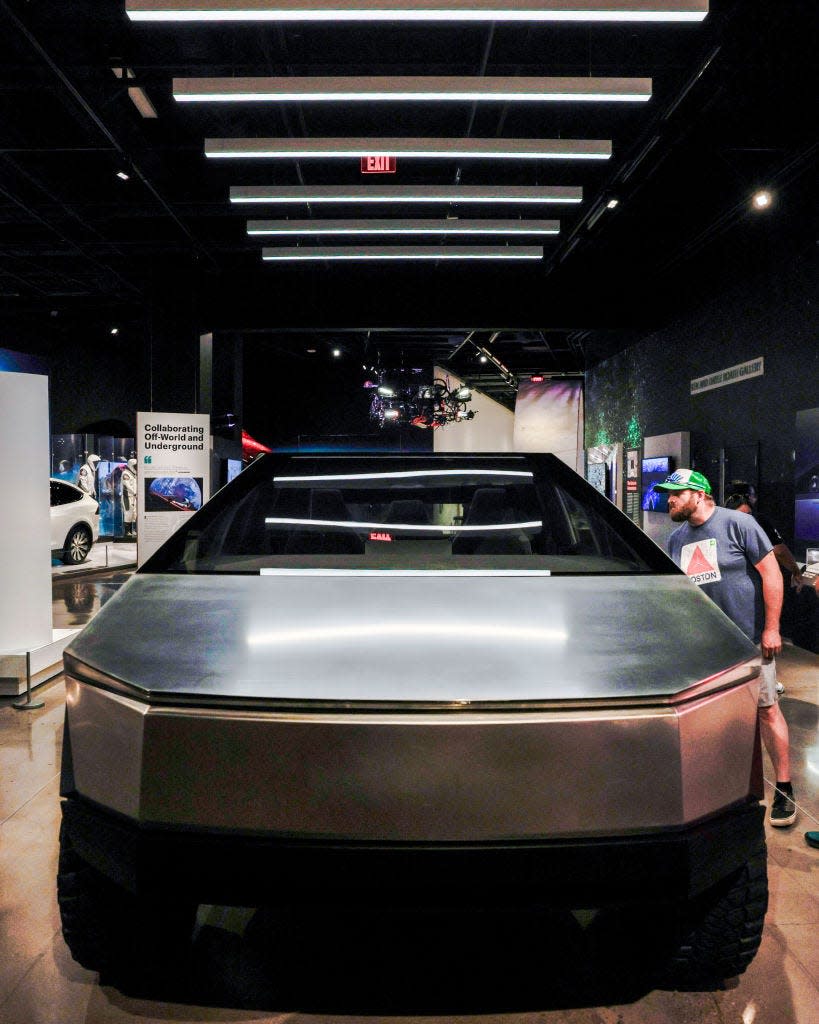 A Tesla Cybertruck on display at the Petersen Automotive museum