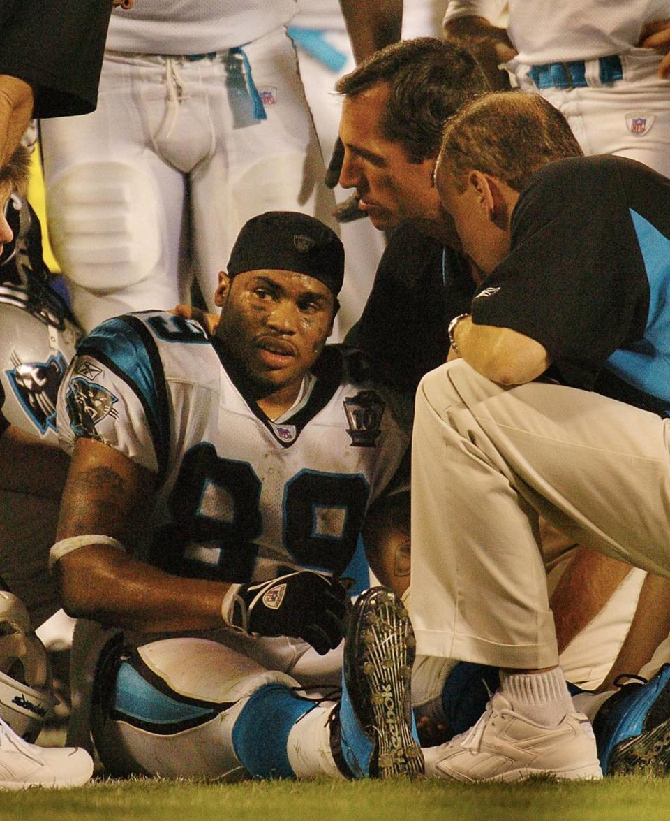 Carolina Panthers wide receiver Steve Smith is tended to by the team’s medical staff after being injured late in the game against the Green Bay Packers in a “Monday Night Football” game on Sept. 13, 2004, at Bank of America Stadium. The Packers won, 24-14, and Smith was diagnosed with a broken leg that kept him out the rest of the season. Charlotte Observer file photo