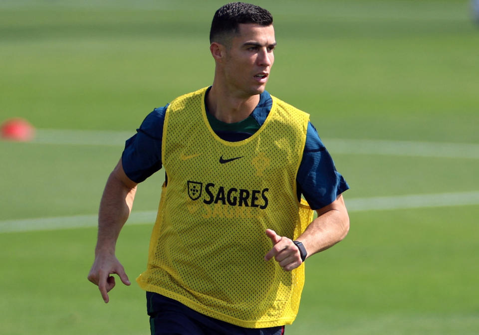 Soccer Football - Qatar 2022 FIFA World Cup - Portugal Training - Al Shahaniya SC training facilities, Al-Shahaniya, Qatar - November 21, 2022 Portugal's Cristiano Ronaldo during training REUTERS/Pedro Nunes