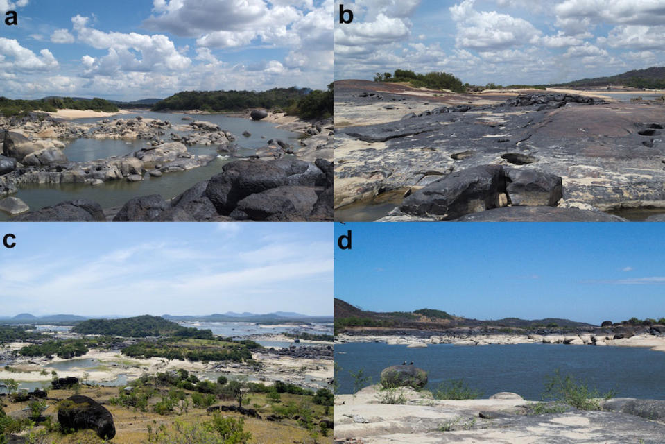 Different views of the Atures Rapids, where the different groups of rock art were found. <cite>Philip Riris, as featured in Antiquity</cite>