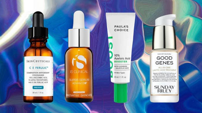 SkinCeuticals C E ferulic acid, iS Clinical SuperSerum, Paula's Choice azelaic acid booster and Sunday Riley Good Genes serum