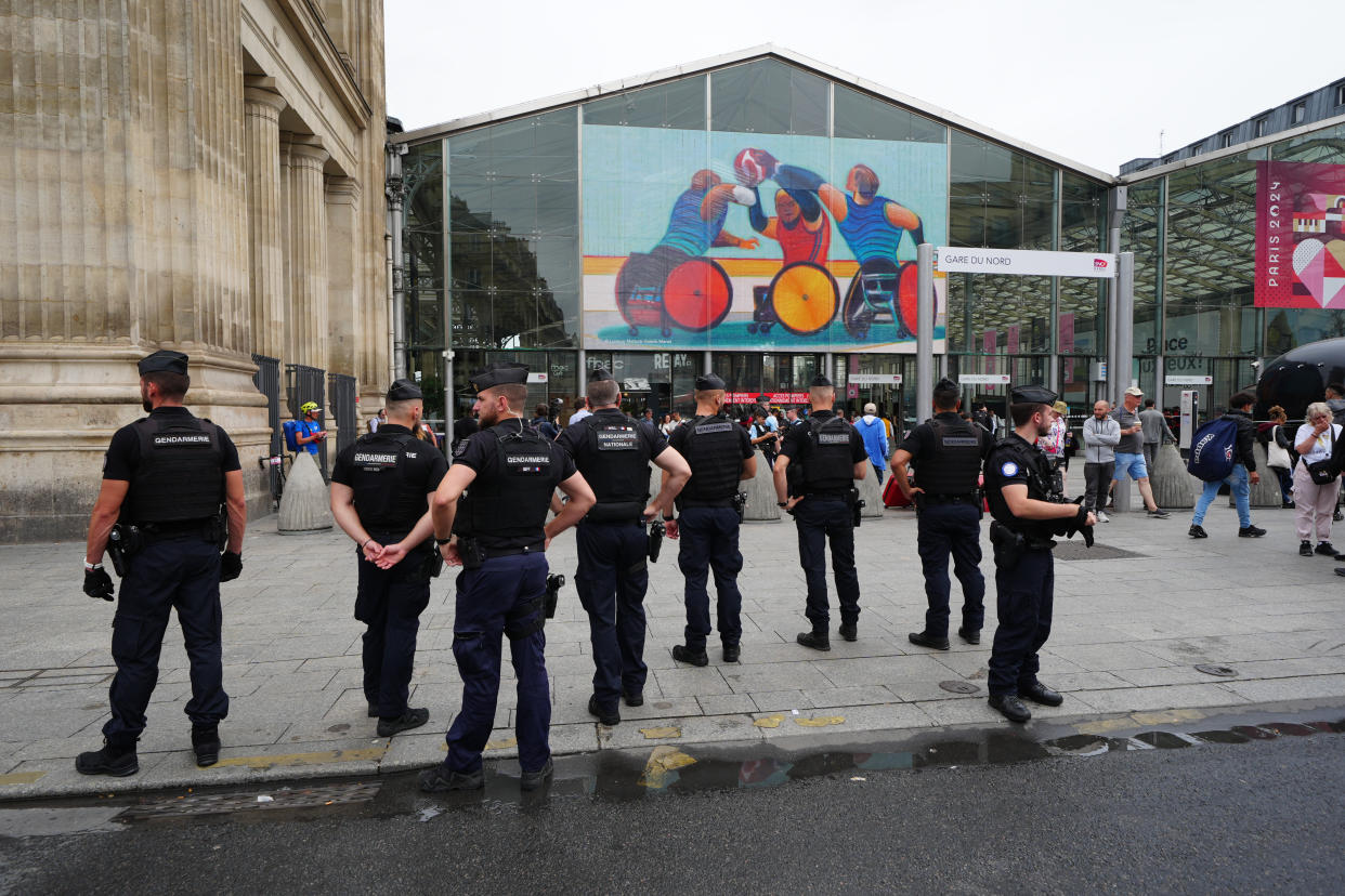 Gendarmes outside the Gare Du Nord train station in Paris, France, after 