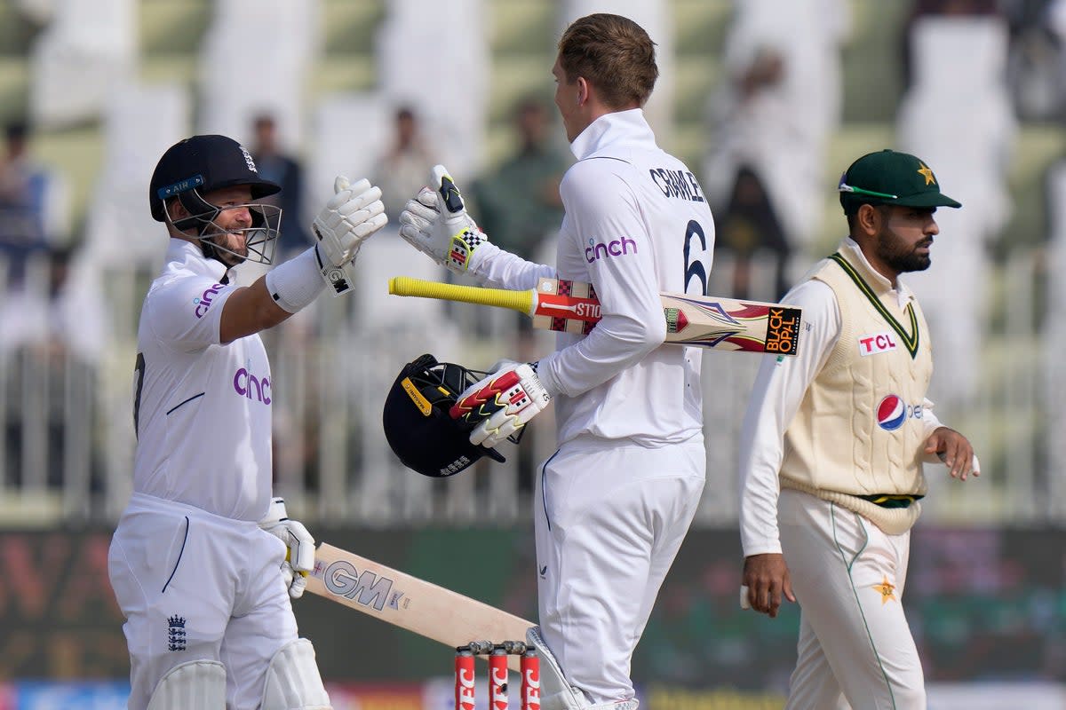 Zak Crawley and Ben Duckett both brought up centuries after lunch on day one at Rawalpindi (Anjum Naveed/AP) (AP)