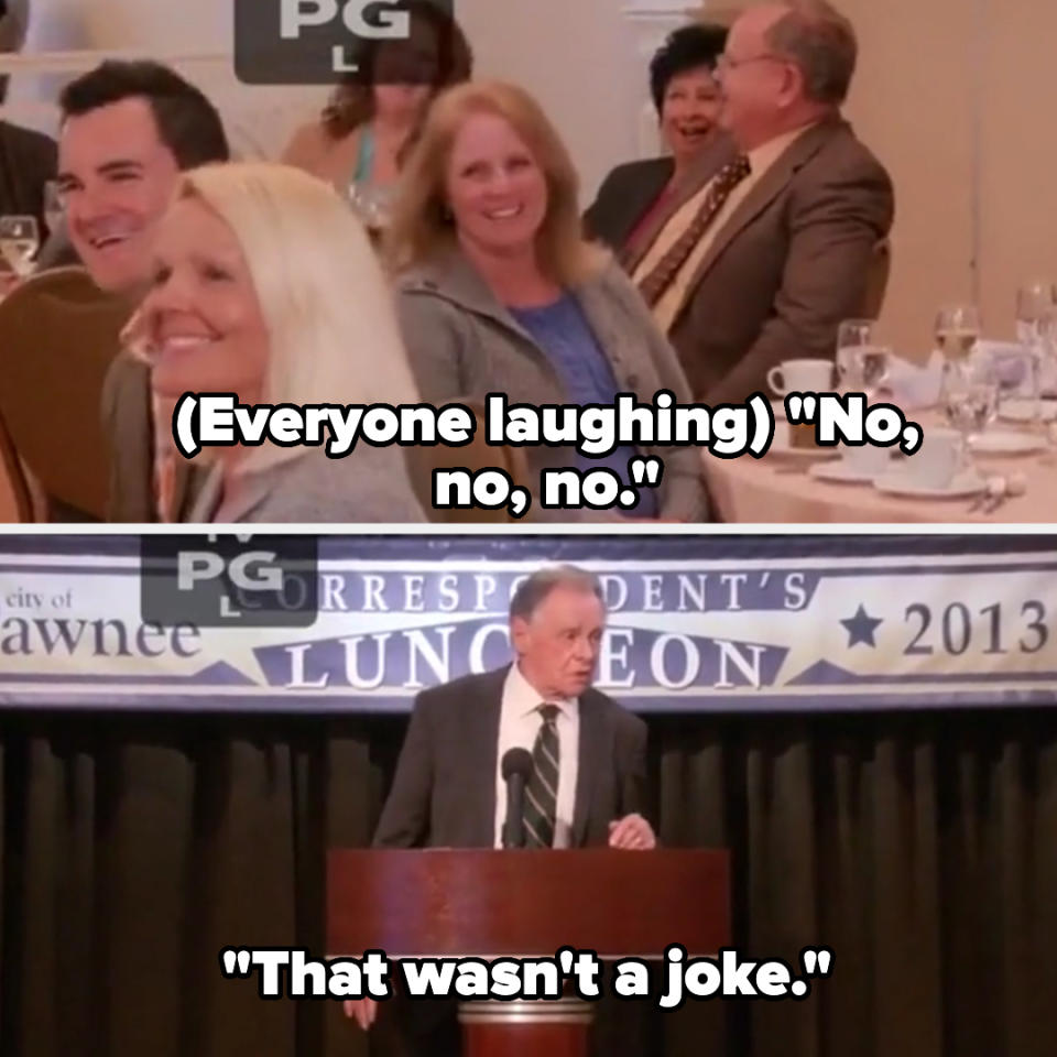 A group of people, including a blonde woman, are laughing at a luncheon. Below, a man at a podium says, "That wasn't a joke" at the Shawnee Correspondent's Luncheon 2013