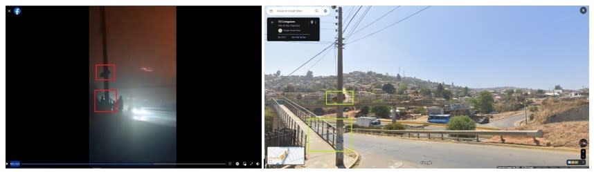 <span>Comparación entre capturas de pantalla del video viral (I) y la localización de la zona del incendio en Google Maps, hecha el 16 de abril de 2024 </span>