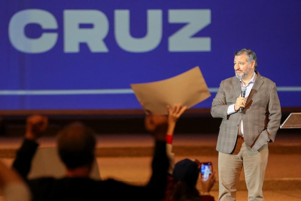 U.S. Sen. Ted Cruz, of Texas, speaks Tuesday, Nov. 1, 2022, at a rally in support of Oklahoma Gov. Kevin Stitt's reelection at Crossroads Church in Oklahoma City.