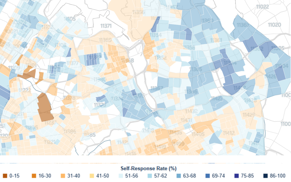 A map of 2020 U.S. Census self-response rates in Queens. (U.S. Census Bureau)