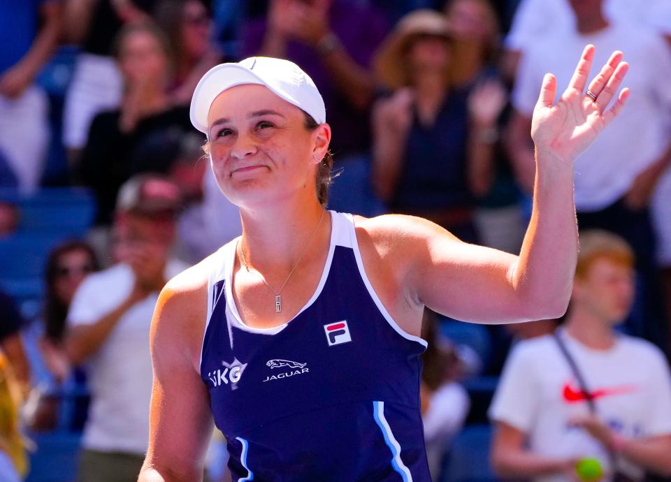 Ash Barty waves to the crowd after a win at the 2021 U.S. Open.