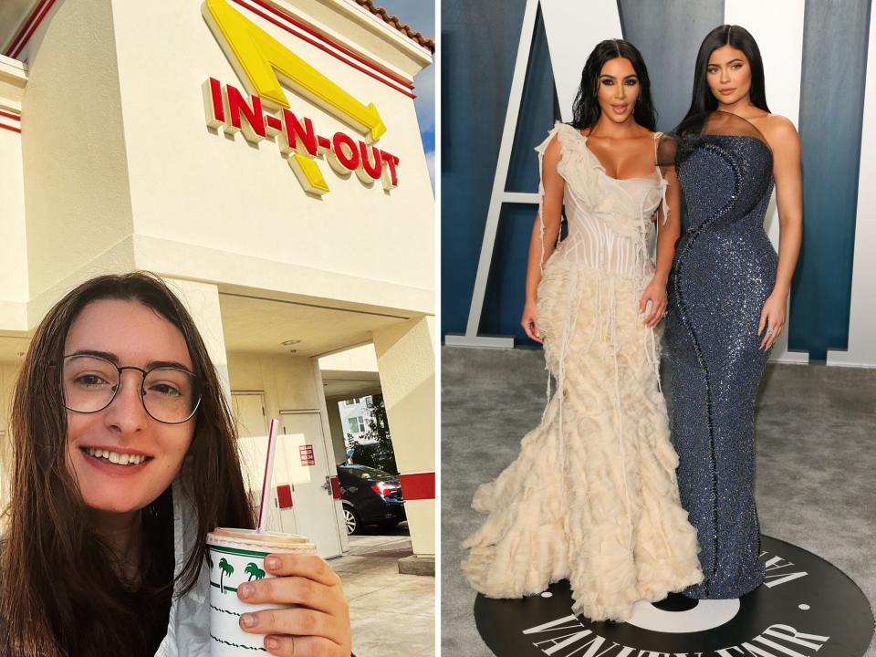 author in front of in n out and kylie jenner and kim kardashian at vanity fair after party