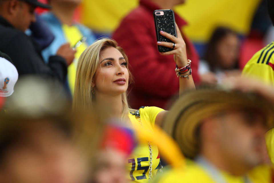 <p>A female fan of Colombia looks on prior to the 2018 FIFA World Cup Russia Round of 16 match between Colombia and England at Spartak Stadium on July 3, 2018 in Moscow, Russia. (Photo by Robbie Jay Barratt – AMA/Getty Images) </p>