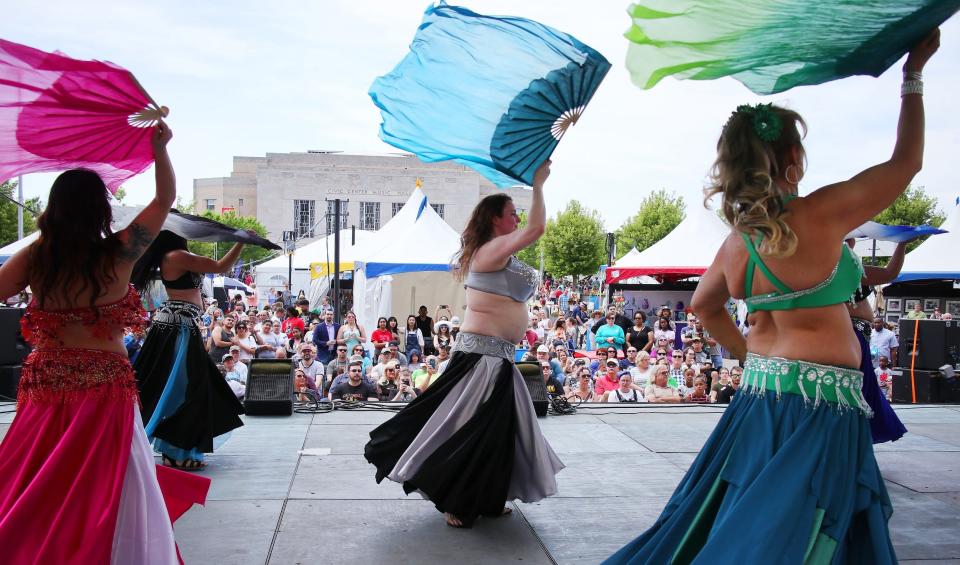 Belly dancers from Aalim Dance Academy perform on the main stage at the Festival of the Arts in Bicentennial Park in downtown Oklahoma City, Sunday, April 28, 2019. Instructors from the academy will teach belly dancing at the Plaza District's inaugural Calderon Dance Festival May 21.