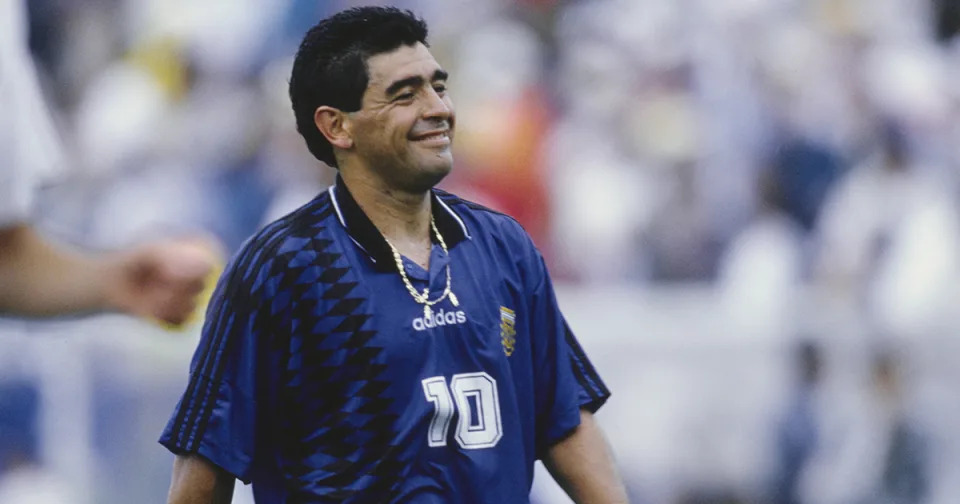 Argentine professional football player Diego Armando Maradona (1960 - 2020) smiling during the 1994 FIFA World Cup Group D match Argentina vs Greece at Foxboro Stadium, Foxborough, US, 21st June 1994.