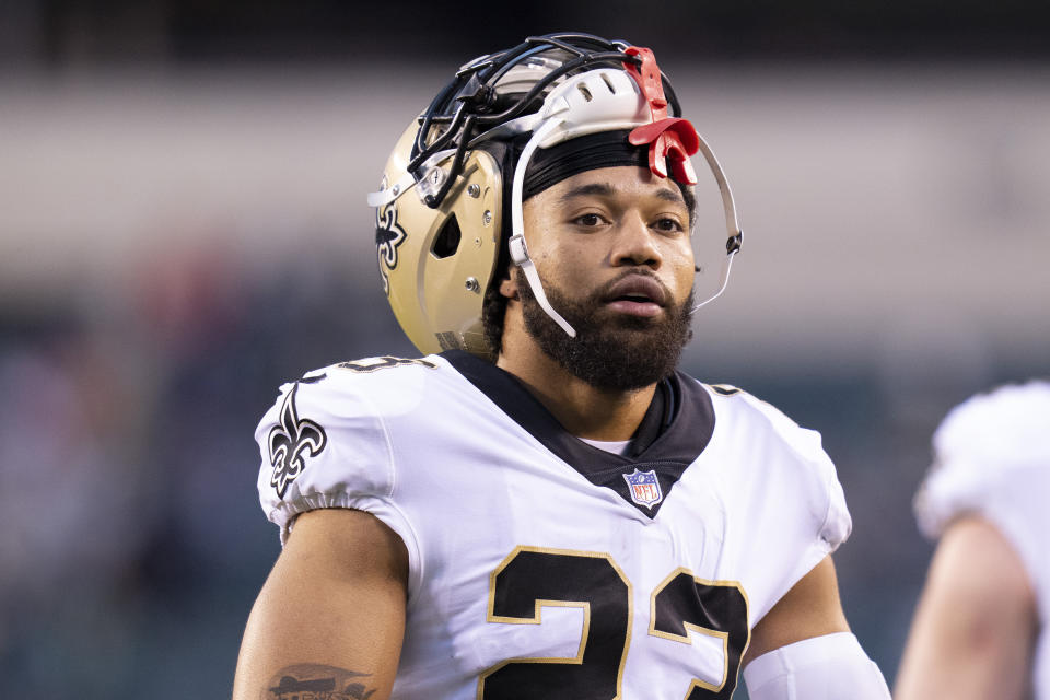 PHILADELPHIA, PA - NOVEMBER 21: Marshon Lattimore #23 of the New Orleans Saints walks off the field after the game against the Philadelphia Eagles at Lincoln Financial Field on November 21, 2021 in Philadelphia, Pennsylvania. (Photo by Mitchell Leff/Getty Images)