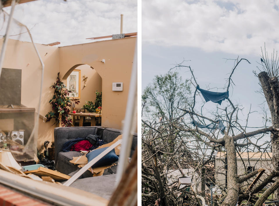 A damaged home, left, in Rolling Fork, Miss., on March 26, 2023. Downed trees behind James Anderson's home, right. (Imani Khayyam for NBC News)